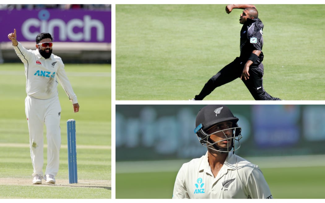 Ajaz Patel (left), Jeet Raval (bottom right) and Jeetan Patel (top right).