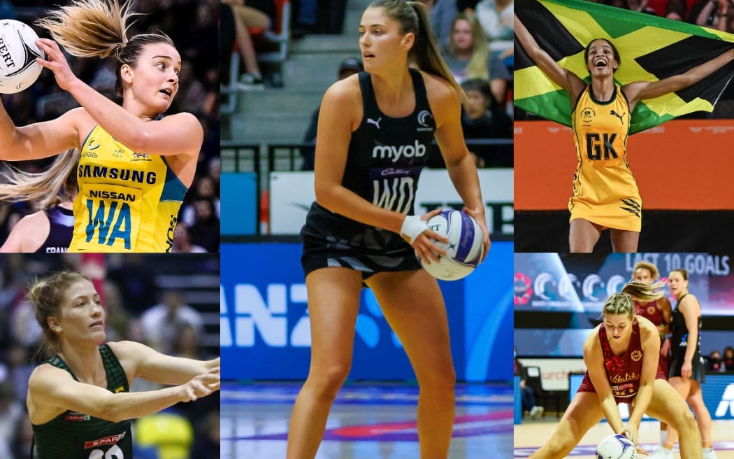 Silver Fern midcourter Kate Heffernan (middle) is a player to watch as well as Australian captain Liz Watson (top left), Jamaica's Shamera Sterling (top right), South Africa defender Karla Pretorius (bottom left) and England shooter Eleanor Cardwell (bottom right).