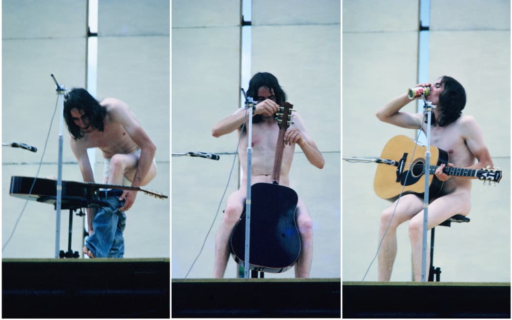 Corben Simpson cools off at Ngaruawahia, 1973. [composite]