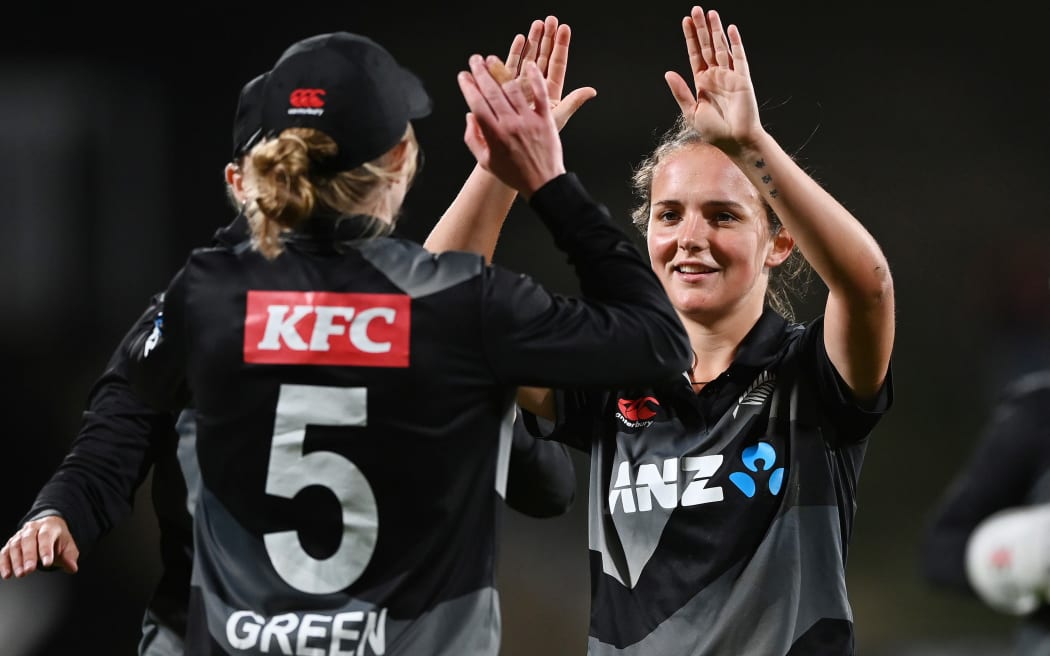 Amelia Kerr celebrates the wicket of Meg Lanning with Maddy Green
New Zealand White Ferns v Australia International Twenty20 cricket match. Seddon Park, Hamilton New Zealand. Sunday 28 March 2021. Â© Copyright photo: Andrew Cornaga / www.photosport.nz