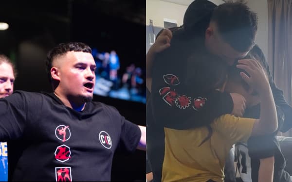 Andre Betham at his first MMA fight (left) and with his two kids.