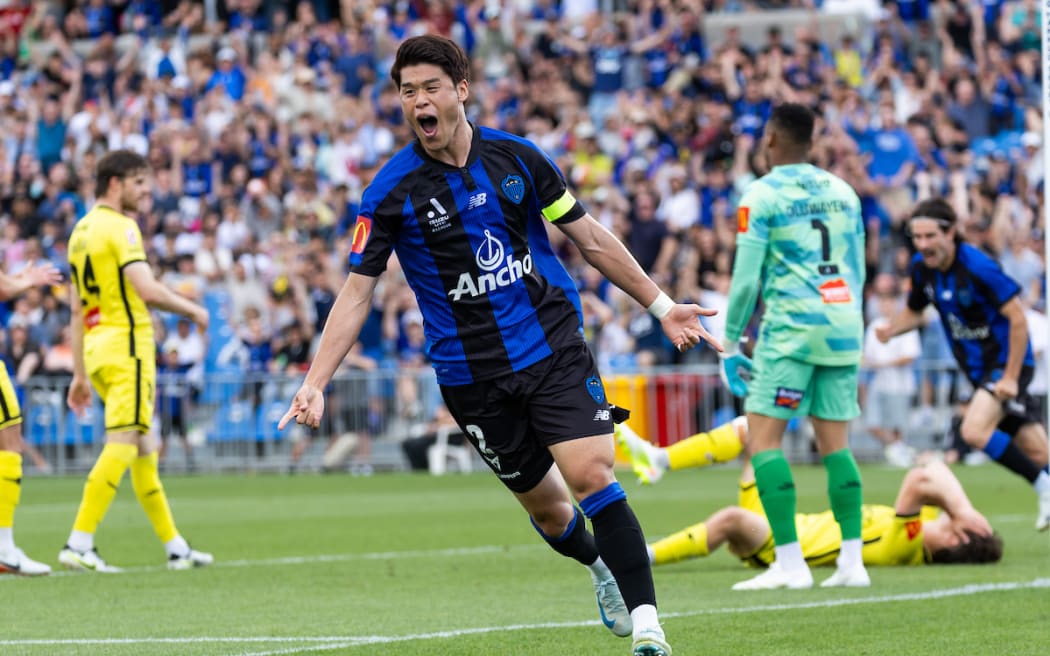 Auckland FC captain Horoki Sakai celebrates after Wellington Phoenix scored an own goal during during the A-League football match at Mt Smart Stadium, 7 Dec 2024.