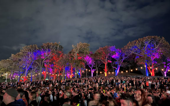 Light show on trees around Auckland Domain during Synthony 2025