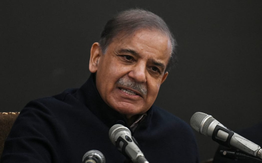 Pakistan's former prime minister and leader of the Pakistan Muslim League-Nawaz (PML-N) party Shehbaz Sharif speaks during a press conference in Lahore on February 13, 2024.