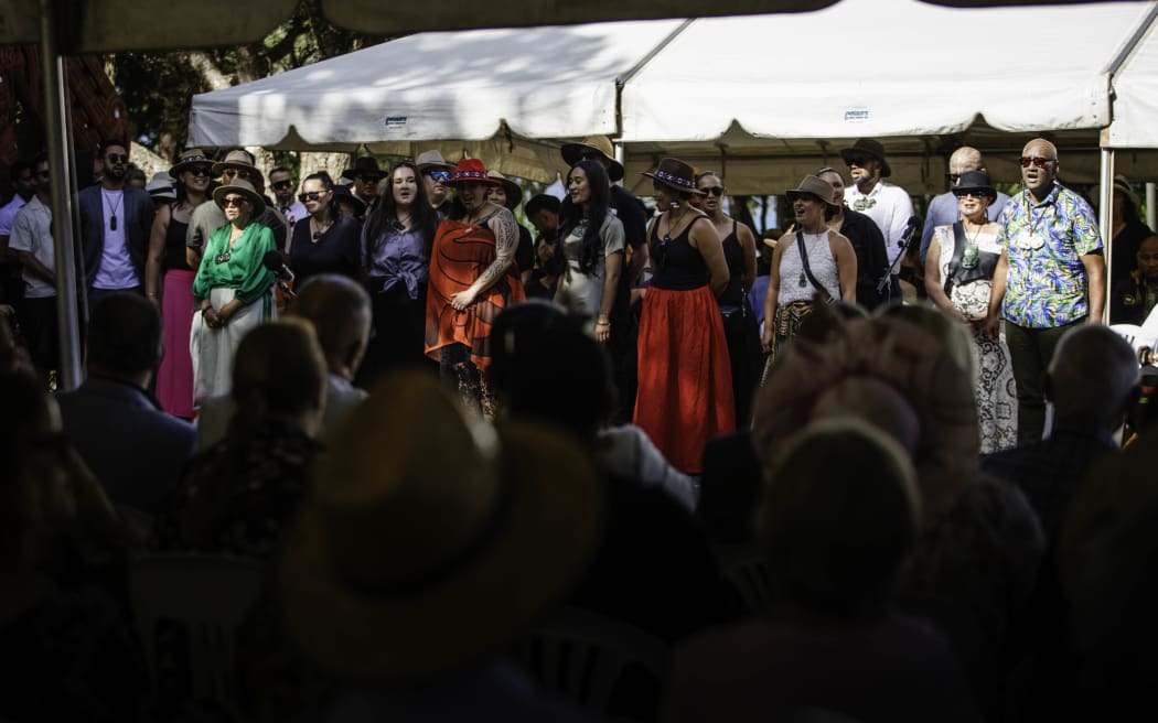 A delegation including representatives from Kīngitanga, Rātana, Parihaka and Te Pāti Māori is welcomed on to Te Whare Rūnanga at the Treaty grounds, on 4 February, 2024.