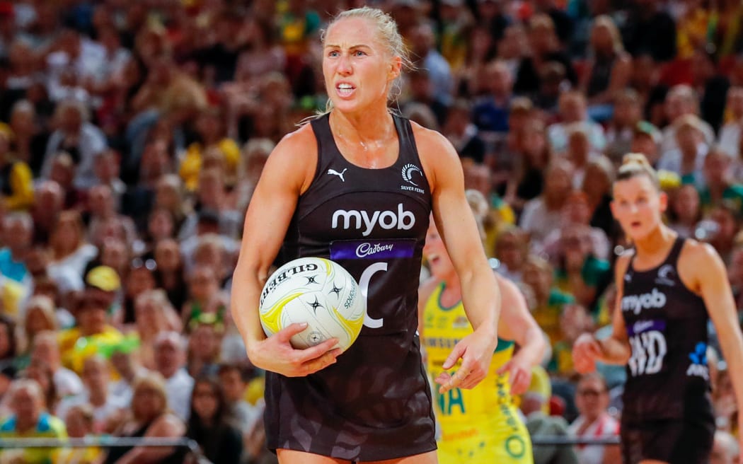 Laura Langman of the Silver Ferns reacts to a call in the final match of the 2019 Contsellation Cup series in Perth.