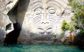 The stone sculpture on Lake Taupo carved by Matahi Whakataka-Brightwell.