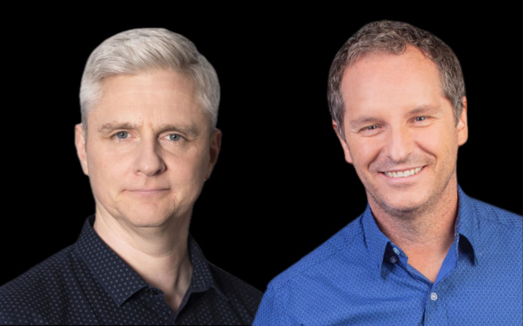 Richard Sutherland media executive (left) and RNZ head of podcasts, Tim Watkin (right)