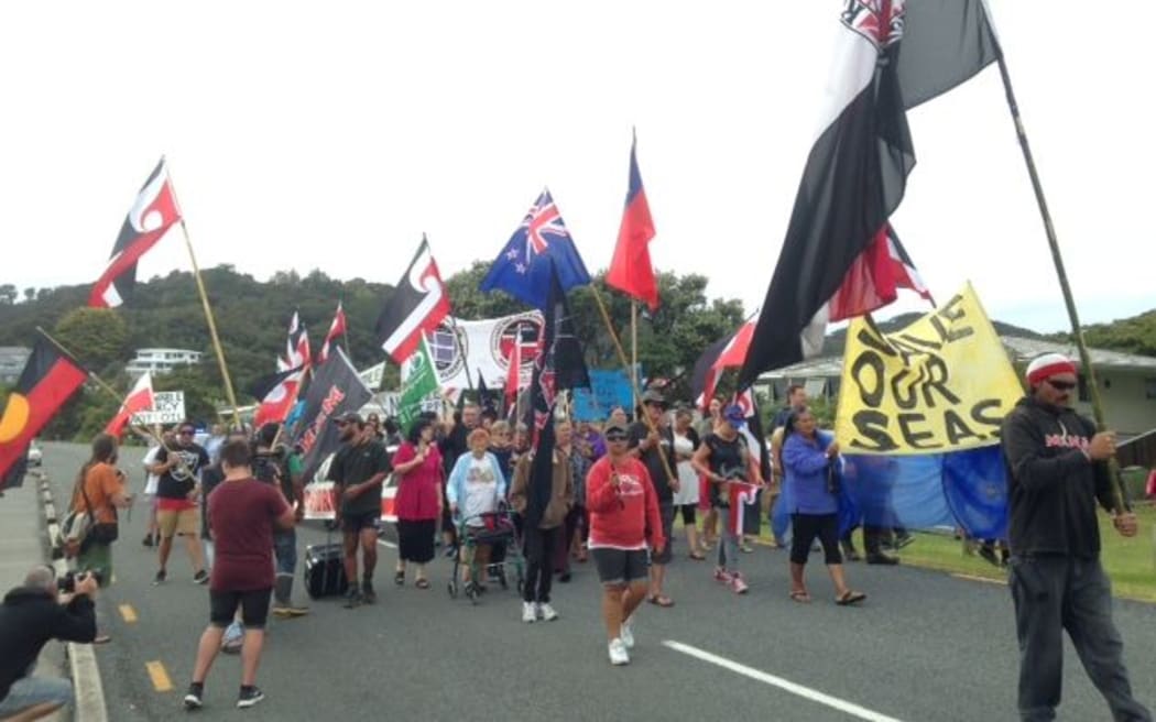 Protesters outside Te Tii Marae at Waitangi.
