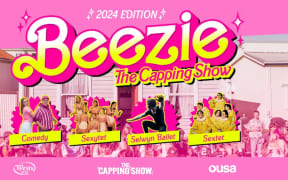 The poster for Beezie, the OUSA Capping Show. It is bright pink with flashy yellow text.