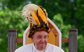 Pope Francis takes part in a meeting with Catholic faithful of the diocese of Vanimo in front of Holy Cross Cathedral in Vanimo, Papua New Guinea, on September 8, 2024. (Photo by Tiziana FABI / AFP)