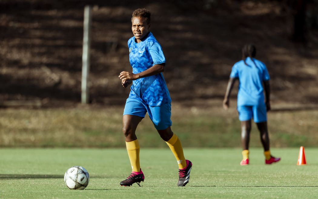 A Solomon Islands player training with the team in Canberra, ahead of the PacificAus Sports Four Nations Tournament . Photo: Tiff Williams/Football Australia