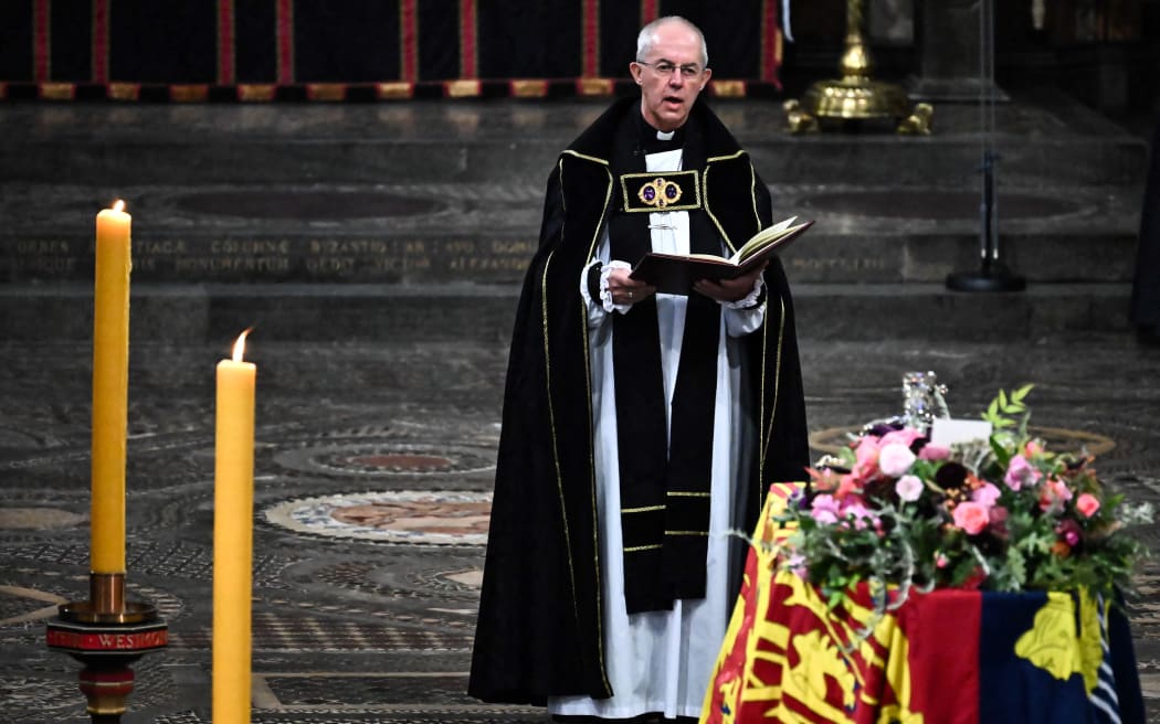 The Archbishop of Canterbury Justin Welby gives a reading at the State Funeral Service for Britain's Queen Elizabeth II, at Westminster Abbey in London on September 19, 2022.