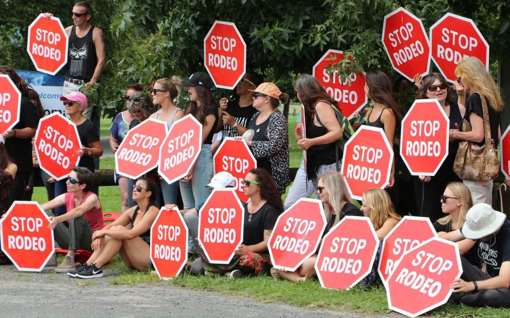 Animal rights activists protesting at the Waikato Rodeo in Te Awamutu.