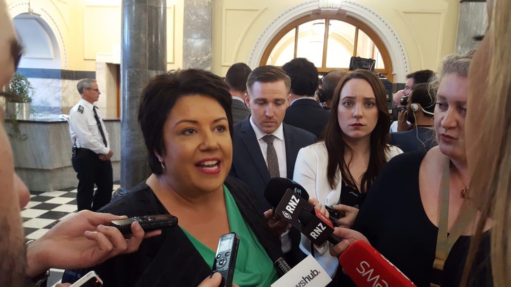 Social Housing Minister Paula Bennett talking to reporters at Parliament about Te Puea Marae's Hurimoana Dennis