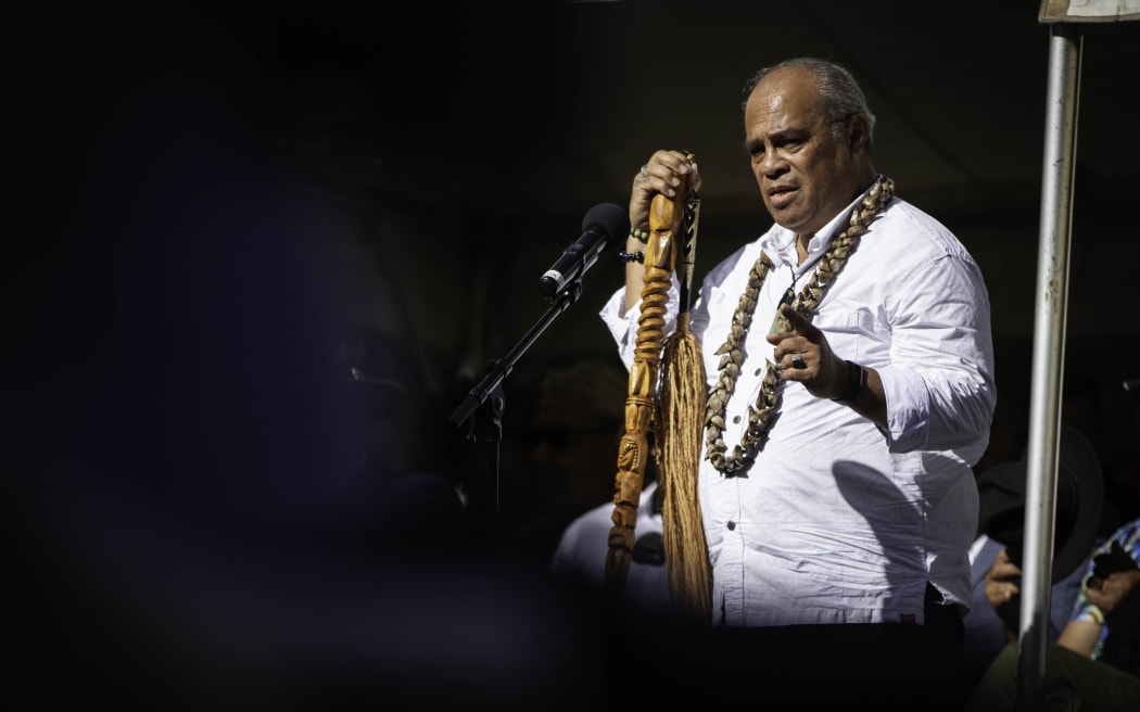 Former Labour MP Aupito William Sio speaks as a delegation including representatives from Kīngitanga, Rātana, Parihaka and Te Pāti Māori is welcomed on to Te Whare Rūnanga at the Treaty grounds, on 4 February, 2024.