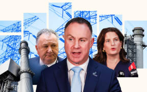Composite of Simon Watts, Nicola Willis and Shane Jones with power pylons and power stations.