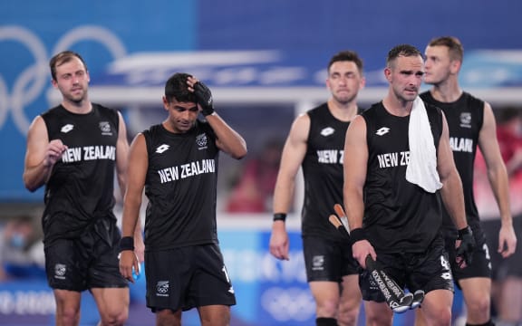 A dejected New Zealand after their loss to Australia during the Men's Hockey Pool A match between Australia and New Zealand at Oi Hockey Stadium during the Tokyo Olympic Games, Tokyo Wednesday, July 28, 2021.