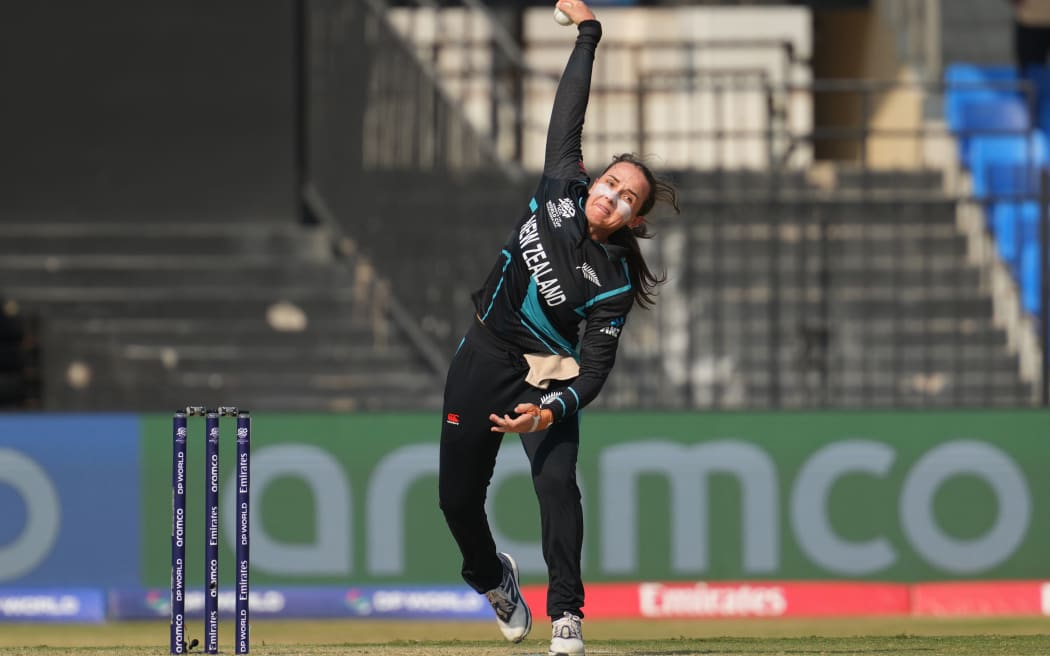 Amelia Kerr of New Zealand bowls during ICC Women’s T20 World Cup.