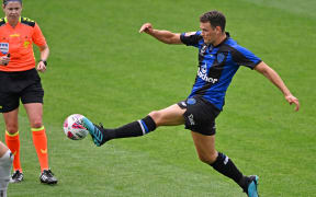 Auckland FC’s Louis Verstraete gets a foot to the ball during the A-League match between Auckland FC and Western United FC at Go Media Stadium, Auckland, New Zealand on Saturday 21 December 2024. © Photo: Andrew Cornaga / Photosport