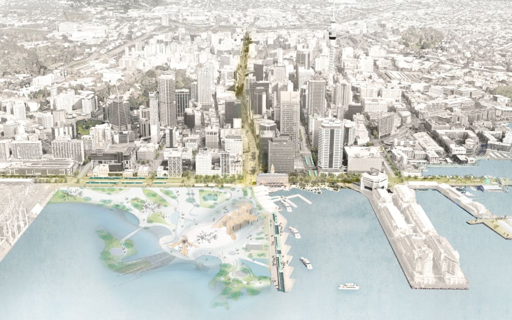 Emma Stewart, a fourth-year student at Auckland University's School of Architecture and Planning, has re-imagined Queens Wharf once sea level rise has wiped out the old concrete wharf. She has created a new urban landscape and marae atea space between the city and the harbour. A place to welcome, hold festivals, tell stories.