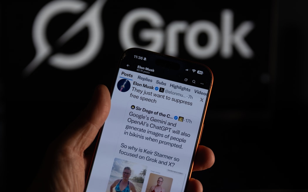 BATH, UNITED KINGDOM - JANUARY 11: In this photo illustration a iPhone screen displays Elon Musk's repost on his social media platform X regarding criticism from British Prime Minister Kier Starmer about his AI tool Grok, on January 11, 2026 in Bath, England.  Elon Musk's company xAI has been widely criticised following reports that its AI tool Grok has been used to make sexualised images of children and undress women. 
(Photo by Anna Barclay/Getty Images)