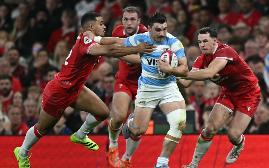 Argentina's wing Mateo Carreras is tackled in a match against Wales, 2025.