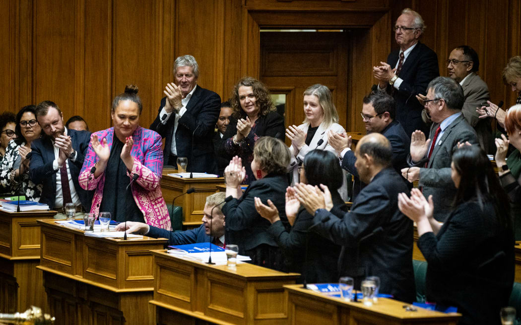 Leader of the Opposition, Chris Hipkins, is applauded by his team after leading off the Budget Debate.