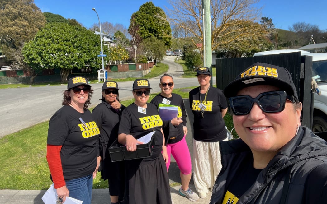 Kaiti Hard campaigners (from left) Kaiti School deputy principal Mandy Owen, assistant principal Moana Houkamau, tumuaki/principal Billie-Jean Potaka Ayton, Whanau Ora and Kaiti Ora navigator Amoe Tarsau, social worker in schools Margie Marsh, and Tiamana o te Poari Annette Toupili.