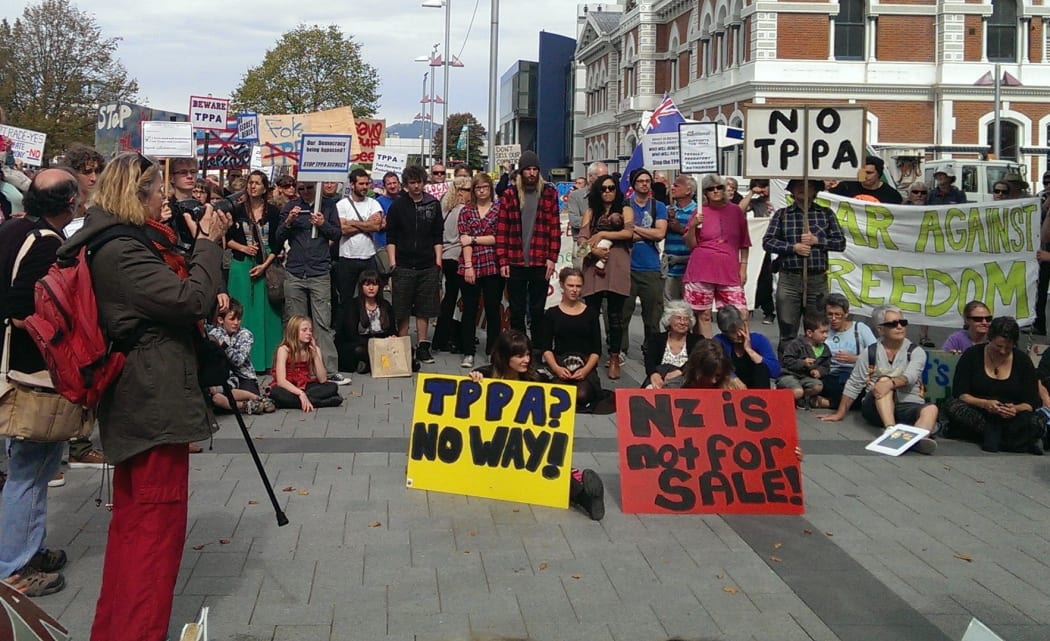 Protesters in Cathedral Square, Christchurch.