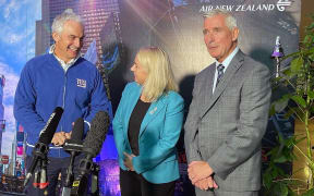 Tourism Minister Stuart Nash, Air NZ board chair Dame Therese Walsh and Air NZ CEO Greg Foran at the launch of the Auckland to New York flight.
