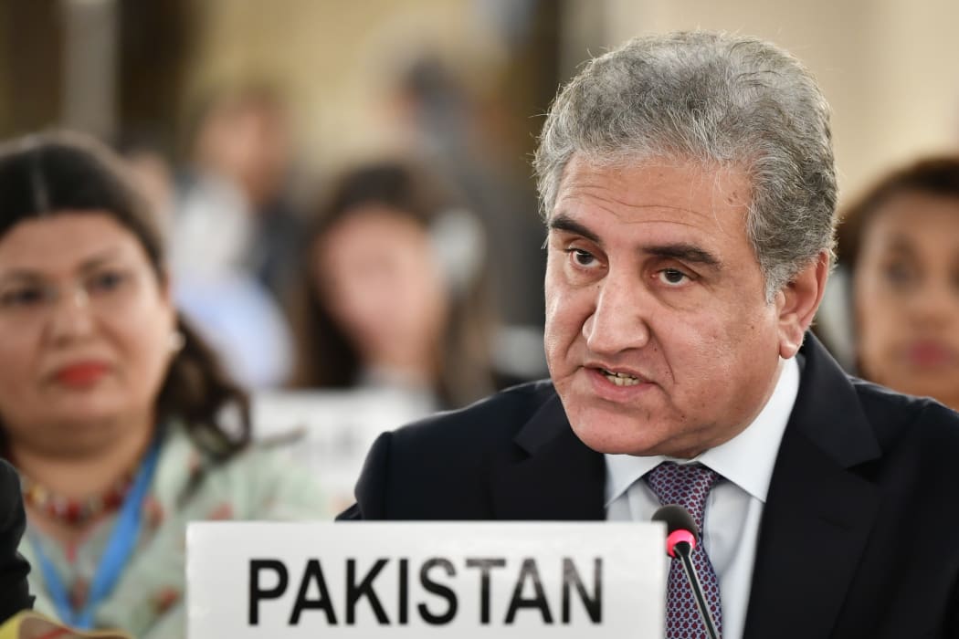 Pakistani Foreign Minister Shah Mehmood Qureshi addresses the United Nations Human Rights Council on September 10, 2019 in Geneva.