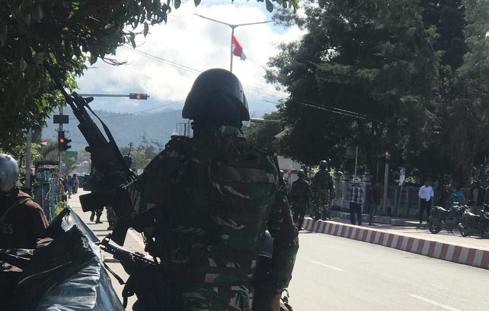 Indonesian military attending to protest in Wamena