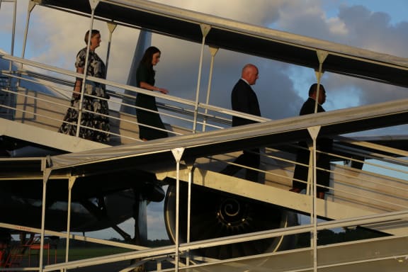 Prime Minister Christopher Luxon arrives at Suva airport, inspecting a military forces guard of honour on 5 June, 2024.
