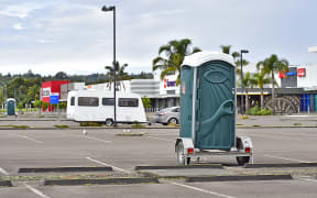 Portaloos are the only facilities available for freedom campers riding out lockdown at The Hub carpark.