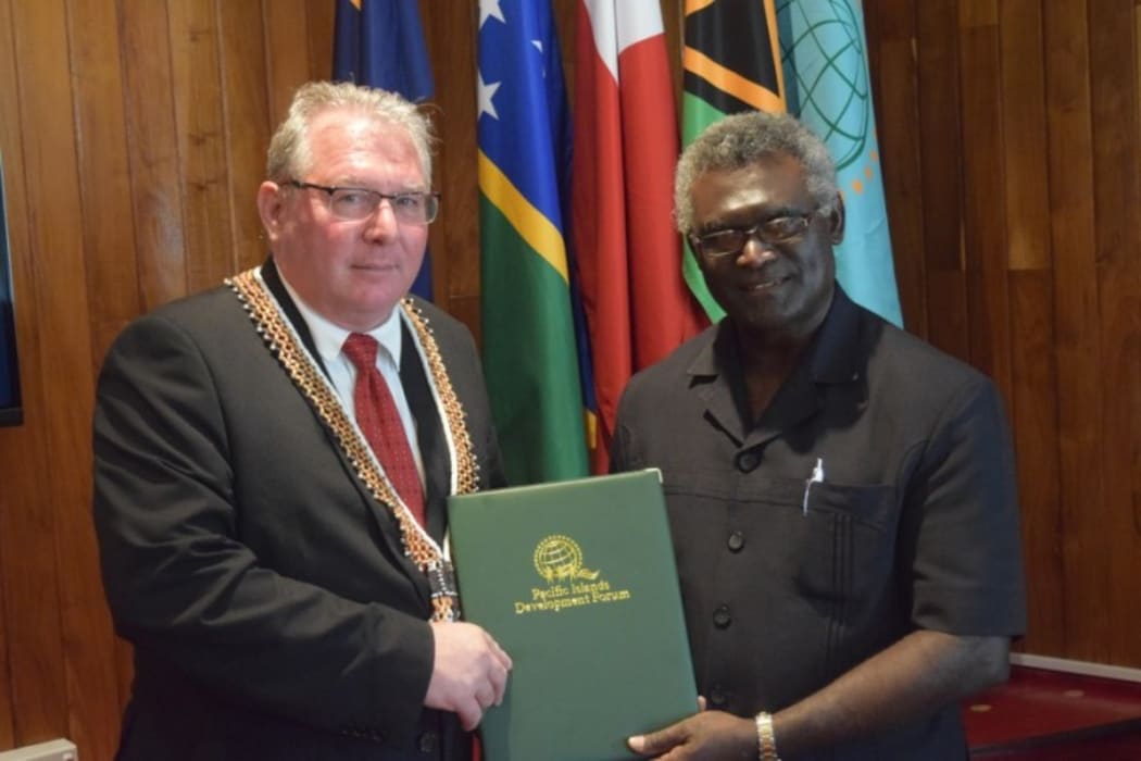 The Pacific Islands Development Forum Secretariat's Secretary General, François Martel, meeting with Solomon Islands Prime Minister, Manasseh Sogavare.