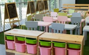 Empty classroom chairs and desks (kindergarten primary).