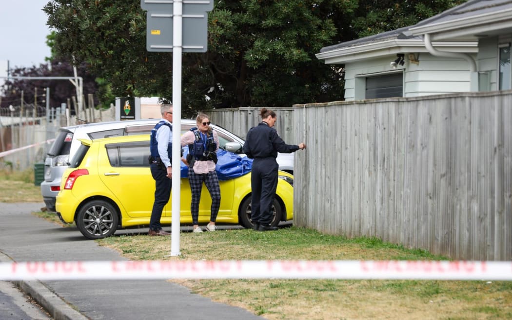 Police at the scene where a woman was shot on Monday night (10 November) in Wainoni, Christchurch.