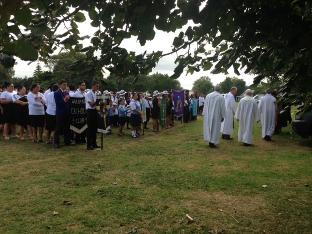Catholic clubs line up for the religious parade on Sunday at the 70th Hui Aranga in Whanganui.