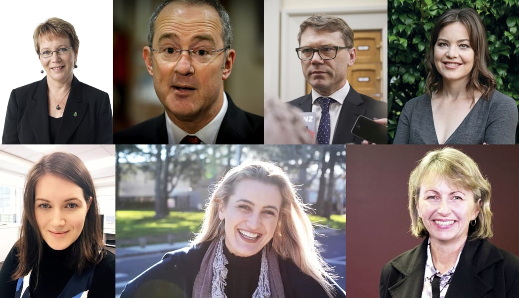 Tracey Martin - NZ First, Phil Twyford - Labour, Paul Goldsmith - National, Julie Anne Genter - Greens (upper); Brooke van Velden - ACT, Tasha Hohaia - Māori, Teresa Moore - TOP (lower).