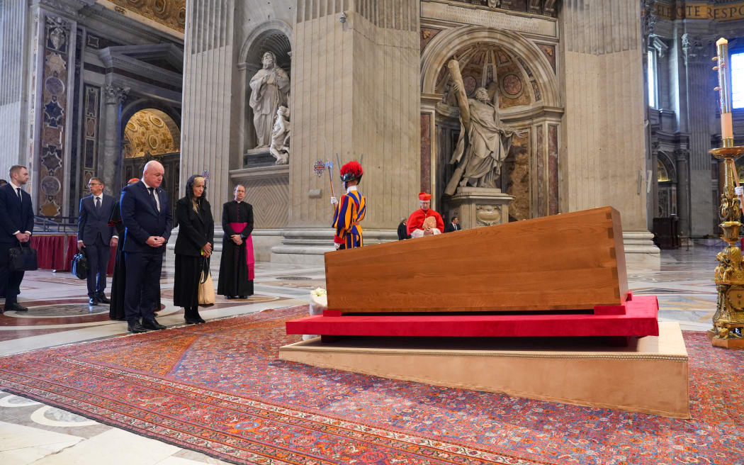 New Zealand’s Ambassador to the Holy See Tara Morton with Prime Minister Christopher Luxon inside St Peter’s Basilica.