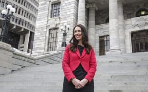 Jacinda Ardern on the steps of Parliament.