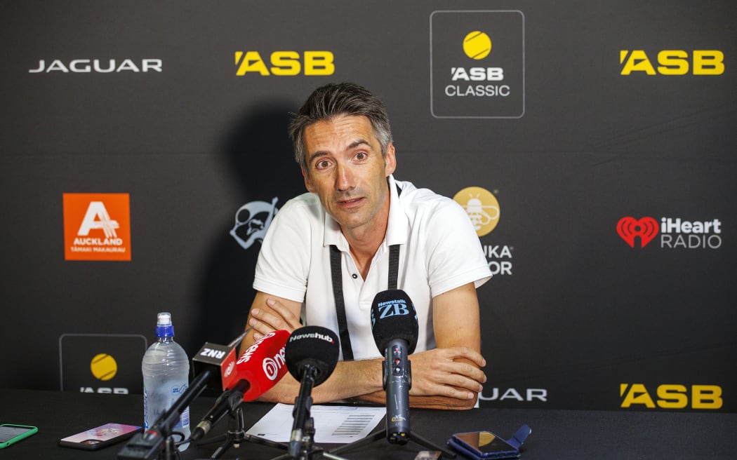 Event Director Nicolas Lamperin speaking during a media conference prior to the start of the ASB Classic Tennis Tournament.