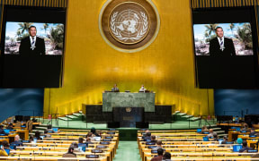 Pacific Islands Forum Chair and Tuvalu Prime Minister Kausea Natano addresses the UN on climate change.