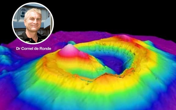 Voyage co-leader Cornel de Ronde superimposed on a 3D image of Brothers submarine volcano.