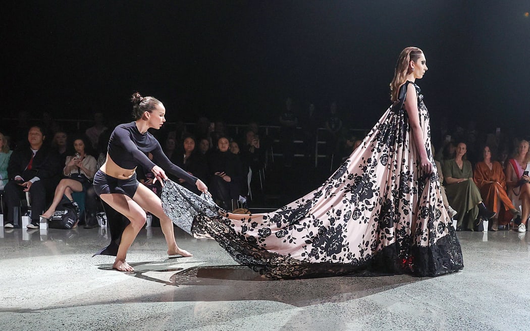 AUCKLAND, NEW ZEALAND - AUGUST 30: A model walks the runway during the Cecilia Kang Couture, Estele NZ show during New Zealand Fashion Week 23: Kahuria at Viaduct Events Centre‎ on August 30, 2023 in Auckland, New Zealand.