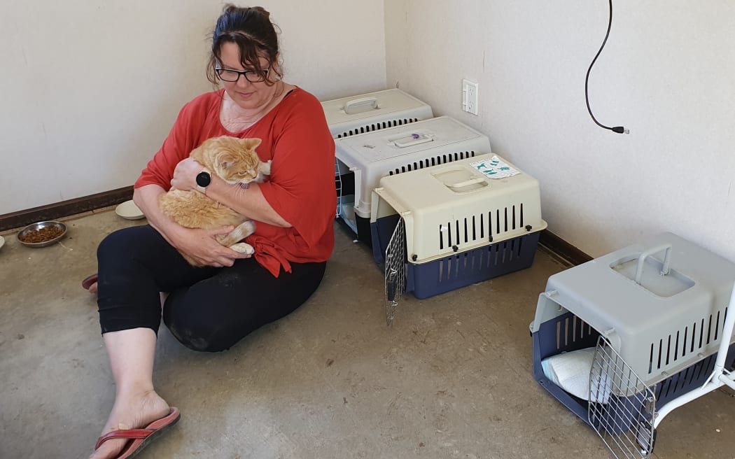 Jo Cox with Ginger, and four of the five cat boxes she had ready to go last Monday night, before she was evacuated during Cyclone Gabrielle.