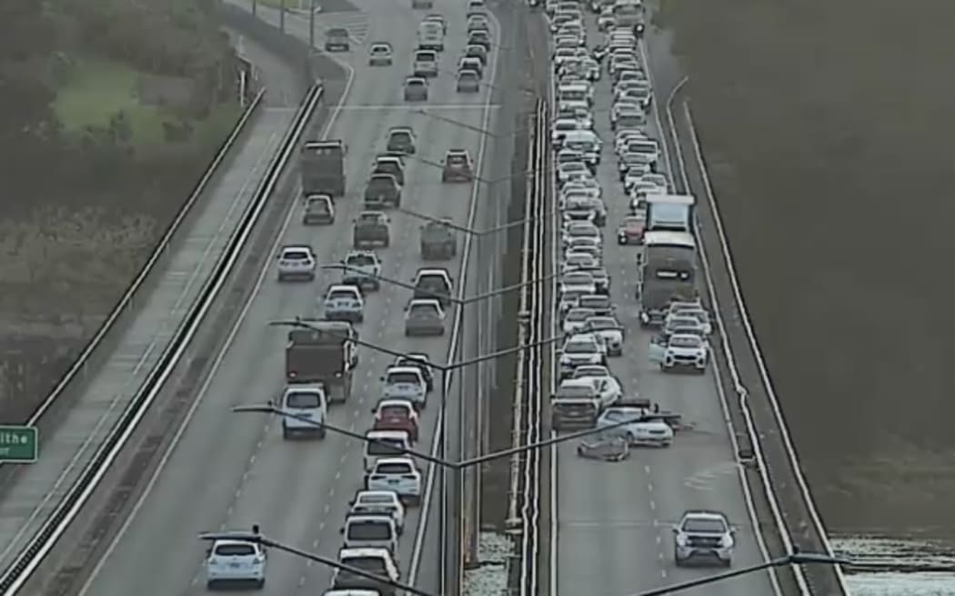 Auckland's Upper Harbour Motorway was partially closed after a digger fell off a truck on Thursday 2 October.