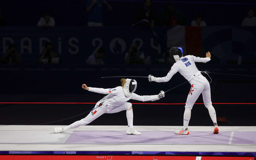 MALLO-BRETON Auriane of France, KONG Man Wai Vivian of Hong Kong, China Women's Épée Individual Fencing during the Olympic Games Paris 2024 on 27 July 2024 at Le Grand Palais in Paris, France - Photo Gregory Lenormand / DPPI Media / Panoramic (Photo by Gregory Lenormand - DPPI Media / DPPI Media / DPPI via AFP)