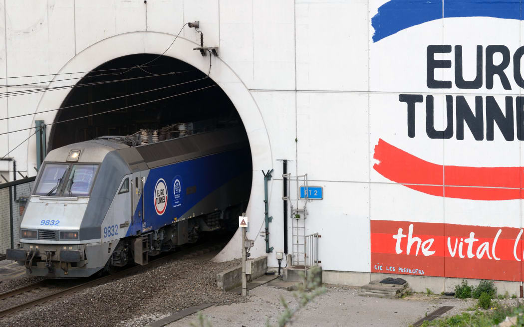 Eurotunnel train coming out of the Channel Tunnel in northern France.
